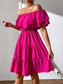 Chiquease 一字肩荷葉邊連衣裙 - 玫紅色 - 查看 6