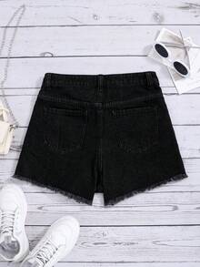 SHEIN 青少年女孩愛心圖案毛邊牛仔短褲 - 黑色 - 查看 2