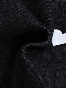 SHEIN 青少年女孩愛心圖案毛邊牛仔短褲 - 黑色 - 查看 3