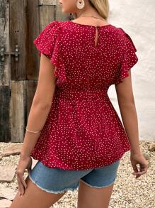 SHEIN Áo sơ mi Bà bầu Thắt lưng Nút Xù Dây kéo Chấm bi Giải trí - Màu Đỏ Sâu - Xem 2