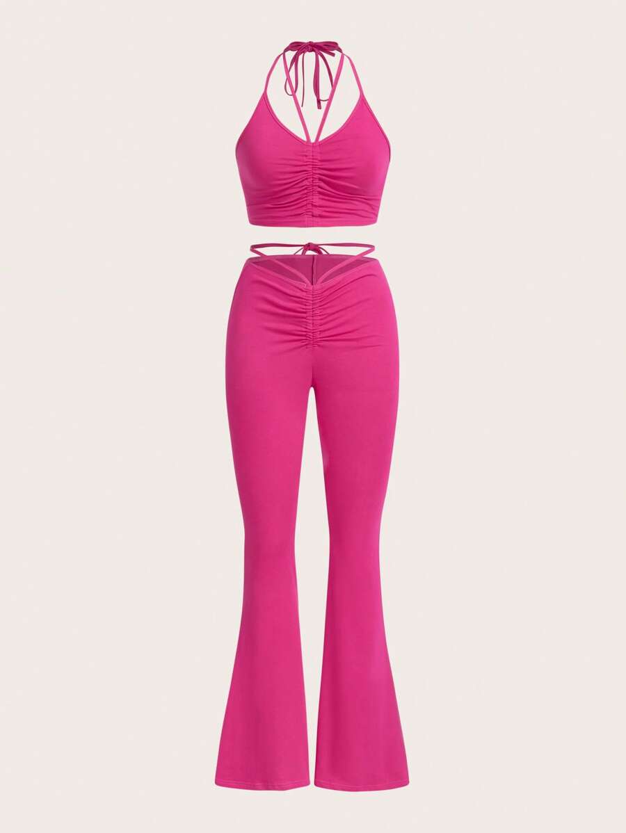 SHEIN ICON fruncido Top halter & Pantalones acampanados - Rosa Fucsia - Ver 1