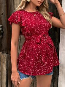 SHEIN Áo sơ mi Bà bầu Thắt lưng Nút Xù Dây kéo Chấm bi Giải trí - Màu Đỏ Sâu - Xem 3