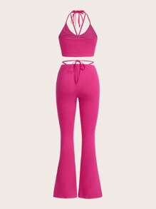 SHEIN ICON fruncido Top halter & Pantalones acampanados - Rosa Fucsia - Ver 2
