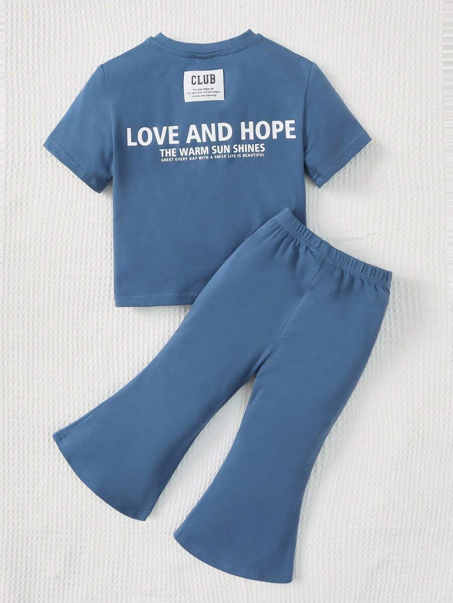 SHEIN Leap Crew Baby Slogan Graphic Tee & Flare Leg Trousers - Dusty Blue - View 1
