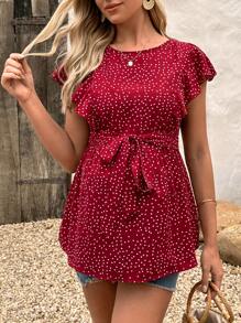 SHEIN Áo sơ mi Bà bầu Thắt lưng Nút Xù Dây kéo Chấm bi Giải trí - Màu Đỏ Sâu - Xem 4