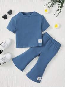 SHEIN Leap Crew Baby Slogan Graphic Tee & Flare Leg Trousers - Dusty Blue - View 2