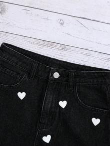 SHEIN 青少年女孩愛心圖案毛邊牛仔短褲 - 黑色 - 查看 6