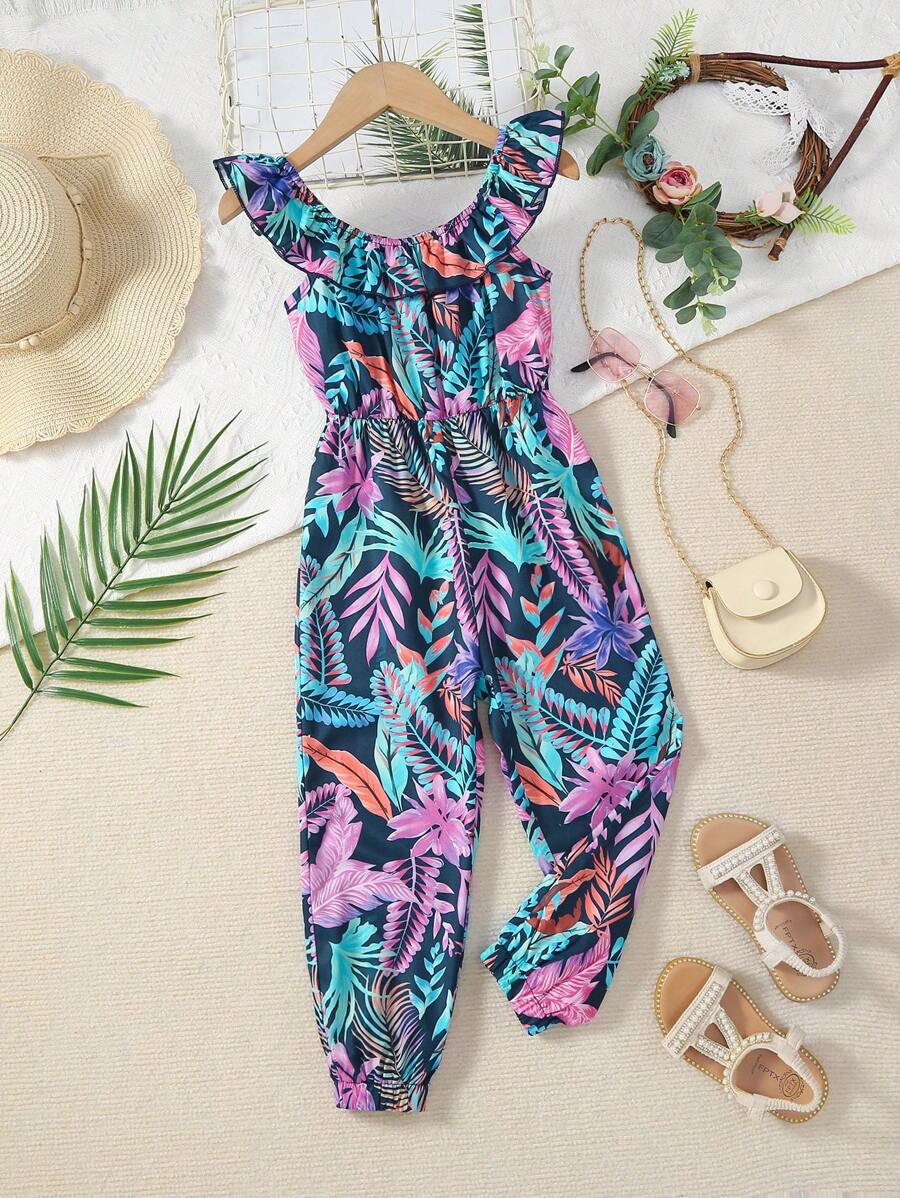 Jumpsuit bé gái Xù Nhiệt đới Tất cả trên in Boho - Nhiều màu - Xem 1