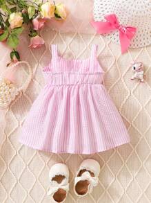 SHEIN 嬰兒嬰兒條紋前蝴蝶結吊帶連衣裙 - 粉色 - 查看 2