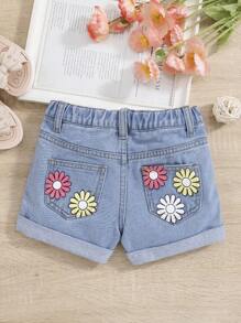 SHEIN 小女童印花卷邊牛仔短褲 - 淺色水洗藍 - 查看 1