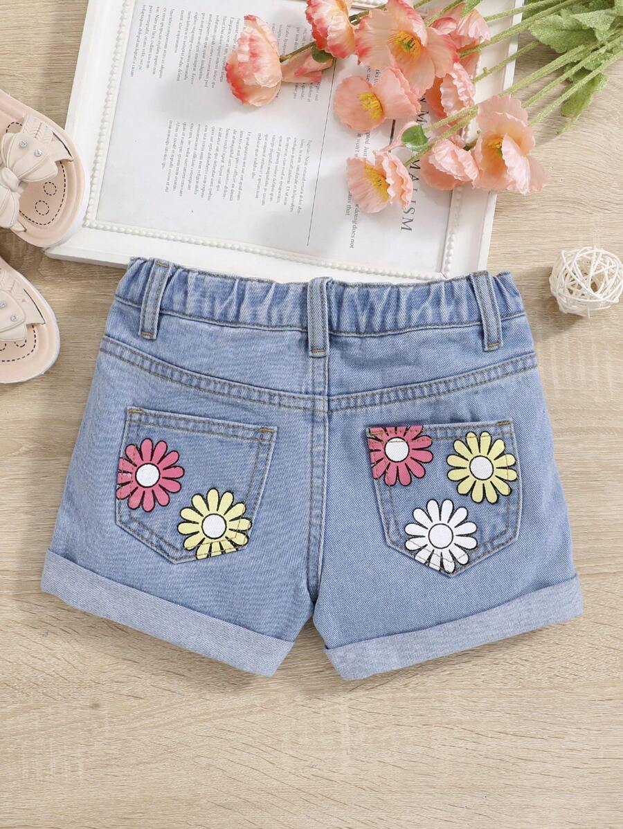 SHEIN 小女童印花卷邊牛仔短褲 - 淺色水洗藍 - 查看 1