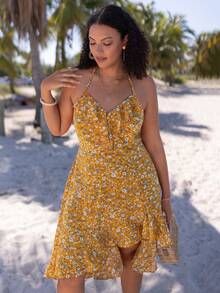 Dreamara Đầm Plus Size Lộ Lưng Xù Viên lá sen Buộc lại Dải chun Họa tiết hoa Boho - Nhiều màu - Xem 3