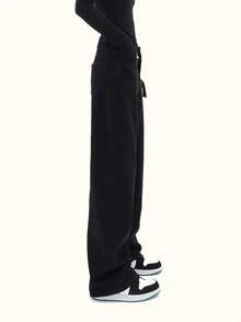 High Waist Straight Leg Jeans - Black - View 3