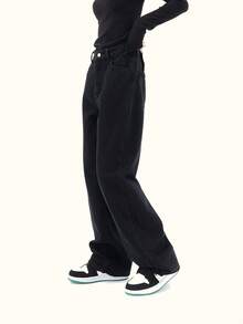 High Waist Straight Leg Jeans - Black - View 4