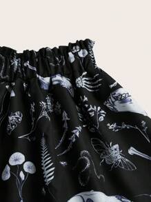 ROMWE Goth Allover Print Paperbag Waist Shorts - Black - View 3