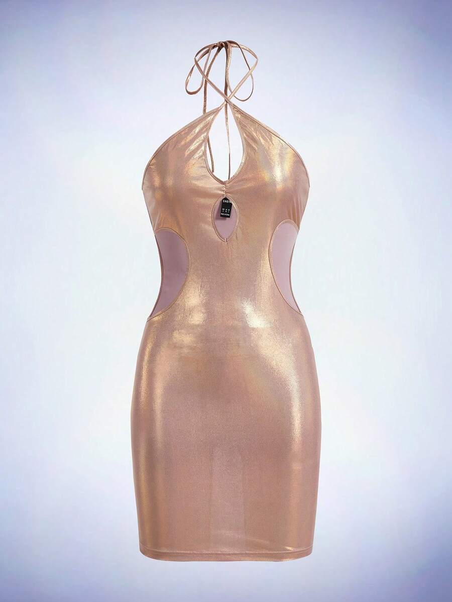 SHEIN ICON 鏤空後背繫帶金屬質感掛脖連衣裙 - 香檳色 - 查看 1