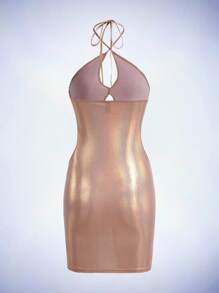 SHEIN ICON 鏤空後背繫帶金屬質感掛脖連衣裙 - 香檳色 - 查看 2