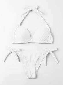 SHEIN Swim Mod Summer Beach Halter Push Up Tie Side Bikini Set - White - View 5
