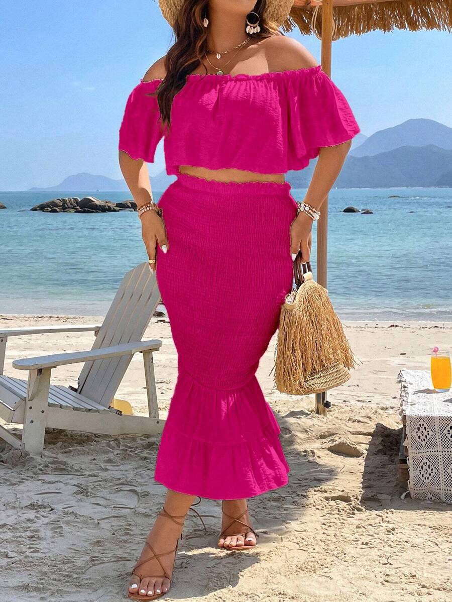 SHEIN Holidaya 大碼一字肩短款上衣和魚尾短裙 - 玫紅色 - 查看 1