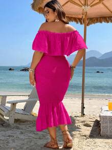 SHEIN Holidaya 大碼一字肩短款上衣和魚尾短裙 - 玫紅色 - 查看 2