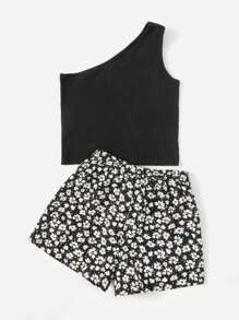 SHEIN Cô gái Tween Một bờ vai Áo & In hoa Ditsy Quần short - Nhiều màu - Xem 2