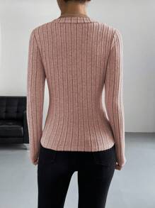 SHEIN EZwear Camiseta unicolor de cuello V tejido de canalé - Rosa Pálido - Ver 2