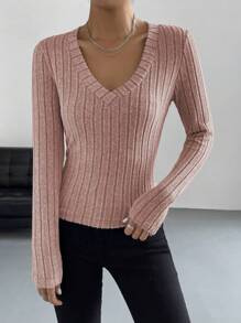 SHEIN EZwear Camiseta unicolor de cuello V tejido de canalé - Rosa Pálido - Ver 4