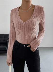 SHEIN EZwear Camiseta unicolor de cuello V tejido de canalé - Rosa Pálido - Ver 5