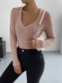 SHEIN EZwear Camiseta unicolor de cuello V tejido de canalé - Rosa Pálido - Ver 6