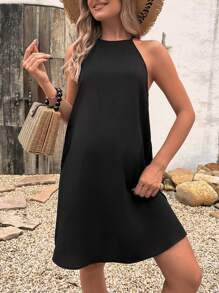 SHEIN Maternity Solid Halter Neck Dress - Black - View 1
