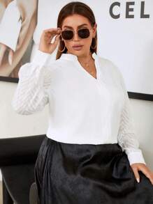 Celure Plus Solid Notched Neckline Contrast Mesh Sleeve Blouse - White - View 4
