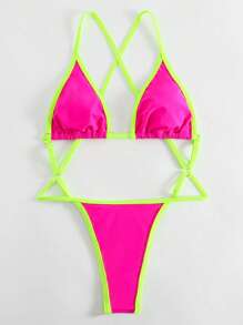 Swim SXY 夏日沙灘對比霓虹色綁繩後頸單件泳衣游泳衣 - 玫紅色 - 查看 5