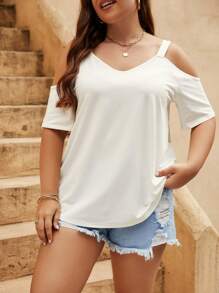 SHEIN LUNE Plus Cold Shoulder Solid Tee - White - View 1