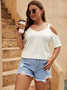 SHEIN LUNE Plus Cold Shoulder Solid Tee - White - View 3