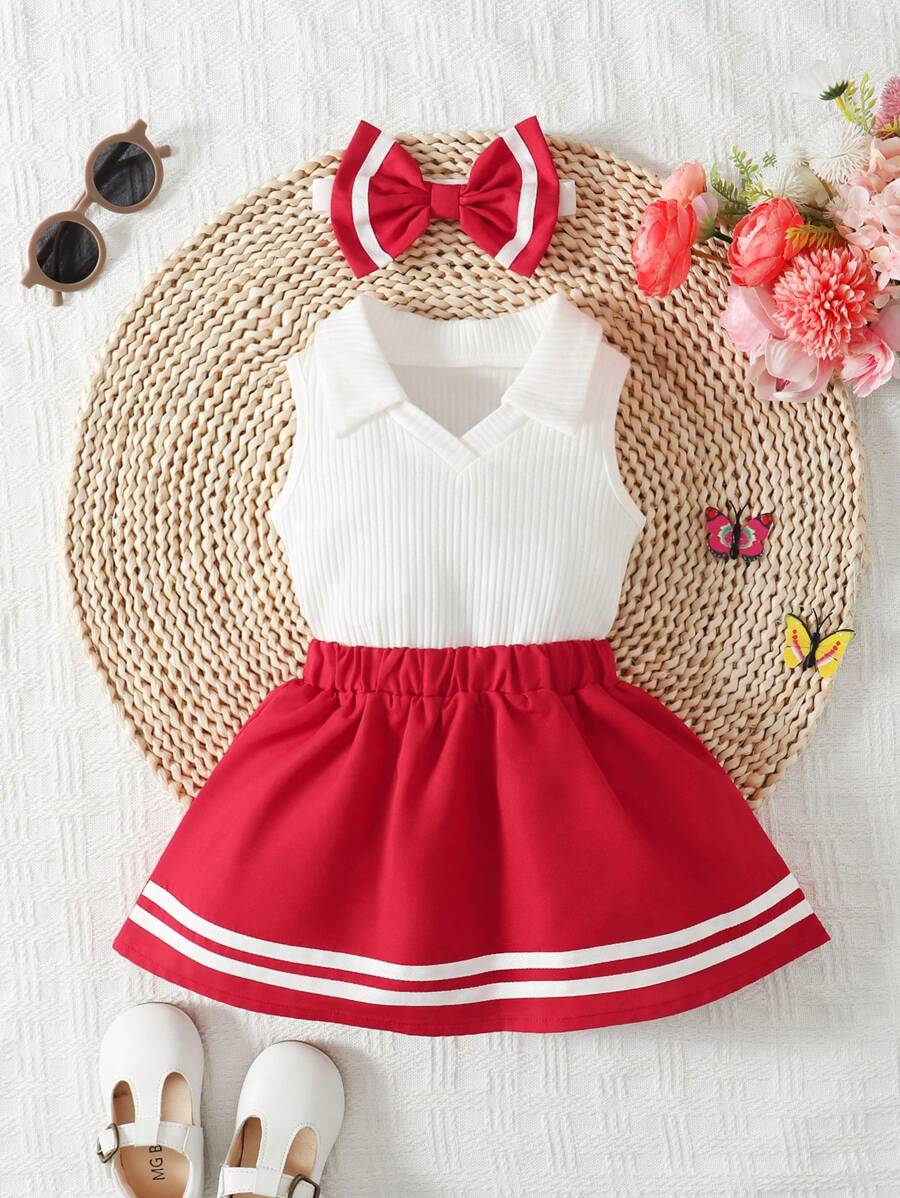嬰兒條紋針織背心上衣&條紋圖案半身裙＆ 頭巾套裝 - 紅白色 - 查看 1