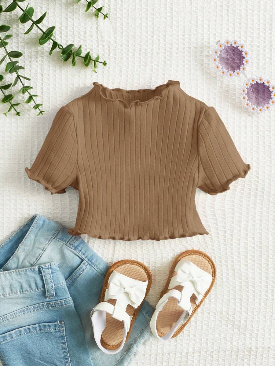SHEIN Baby Girl Solid Color Casual T-Shirt, Suitable For Summer - Mocha Brown - View 1