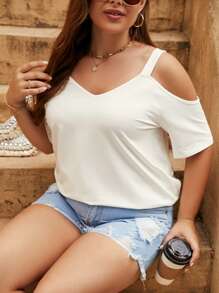 SHEIN LUNE Plus Cold Shoulder Solid Tee - White - View 5