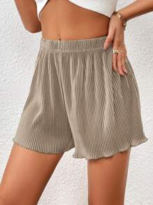 SHEIN Essnce Quần đùi nữ Xù nhỏ Gân đan màu trơn Giải trí - Màu Khaki - Xem 5