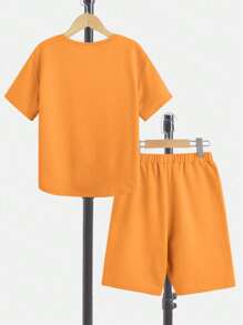 SHEIN Boys Letter Patched Detail Tee & Shorts - Orange - View 2