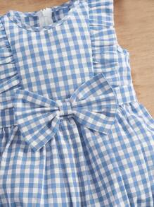 SHEIN Baby Gingham Print Ruffle Trim Bow Front Romper - Blue and White - View 3