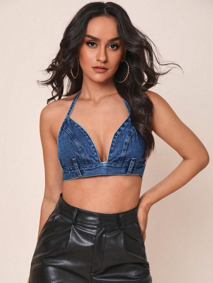 後背繫帶短款牛仔上衣