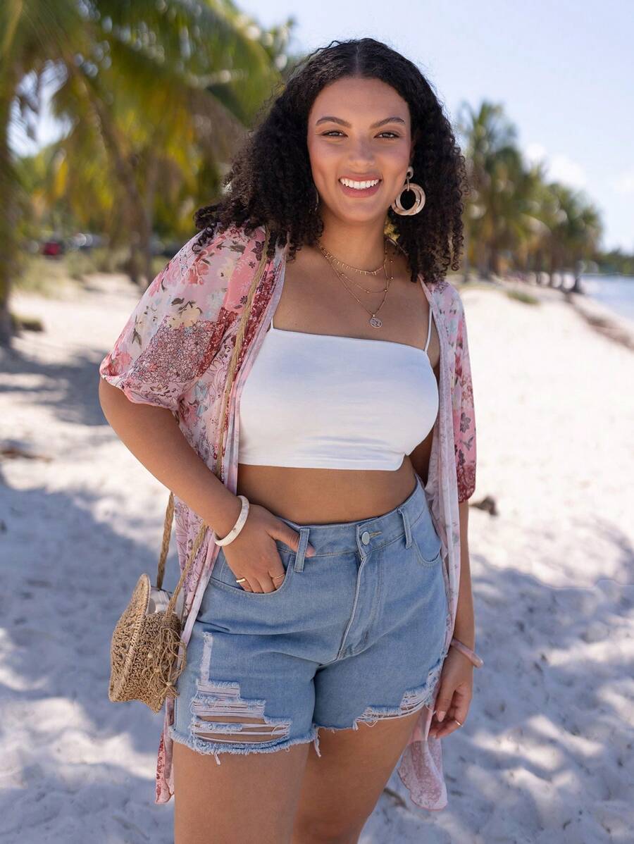 SHEIN VCAY Plus Floral Print Kimono Without Camisole - Multicolor - View 1