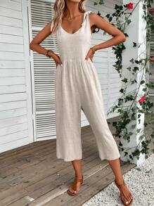 SHEIN LUNE Solid Tie Shoulder Tank Jumpsuit - Apricot - View 1