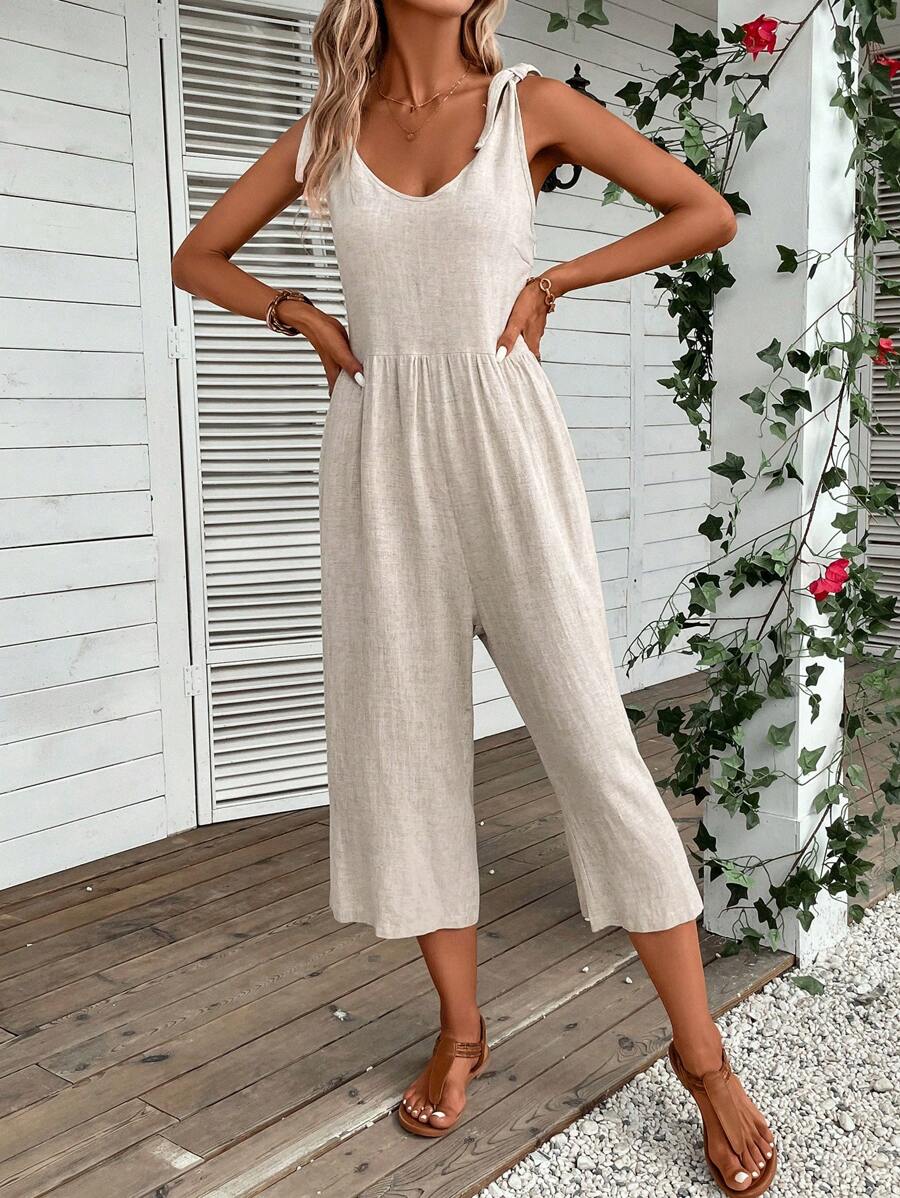 SHEIN LUNE Solid Tie Shoulder Tank Jumpsuit - Apricot - View 1