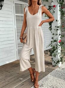 SHEIN LUNE Solid Tie Shoulder Tank Jumpsuit - Apricot - View 3