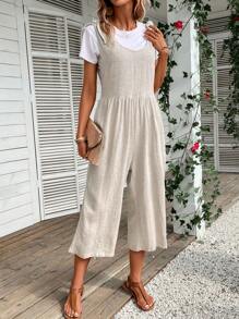 SHEIN LUNE Solid Tie Shoulder Tank Jumpsuit - Apricot - View 4