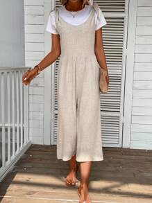 SHEIN LUNE Solid Tie Shoulder Tank Jumpsuit - Apricot - View 5