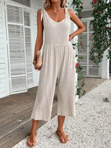 SHEIN LUNE Solid Tie Shoulder Tank Jumpsuit - Apricot - View 6