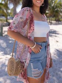 SHEIN VCAY Plus Floral Print Kimono Without Camisole - Multicolor - View 5