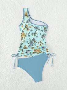 SHEIN Swim Bãi biển mùa hè Dây rút in hoa một bên vai Tankini - Màu xanh nhạt - Xem 6